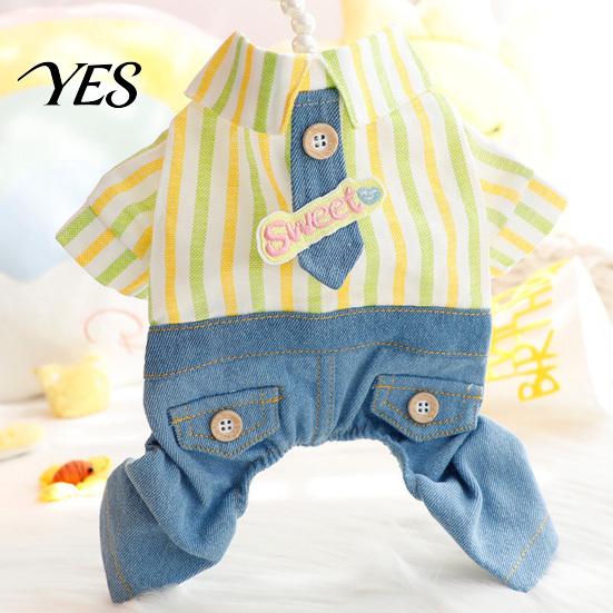 Spring Dog Clothes Striped Shirt Pet Jumpsuit, Four-Legged Clothes, Denim Pants Breathable Jumpsuit Outfit, Stylish Onesie for Small Dogs Active