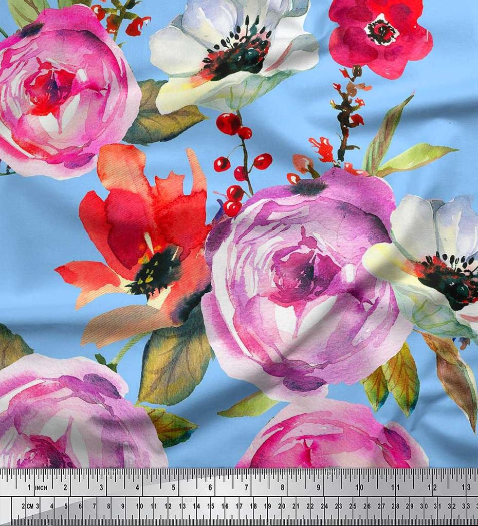 Soimoi Japan Crepe Satin Fabric Leaves,Poppy & Peony Flower Decor Fabric Printed Metre 42 Inch