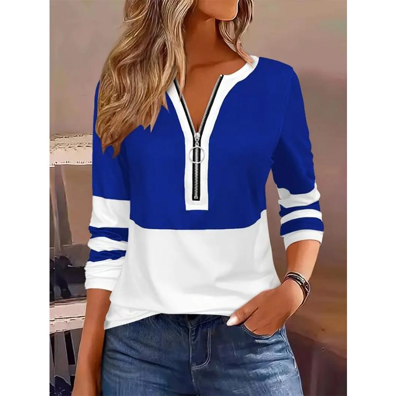 Plus Size Long Sleeve T-Shirt with Geometric Stripes Color Block Ring Zipper Detail  Fall Fashion