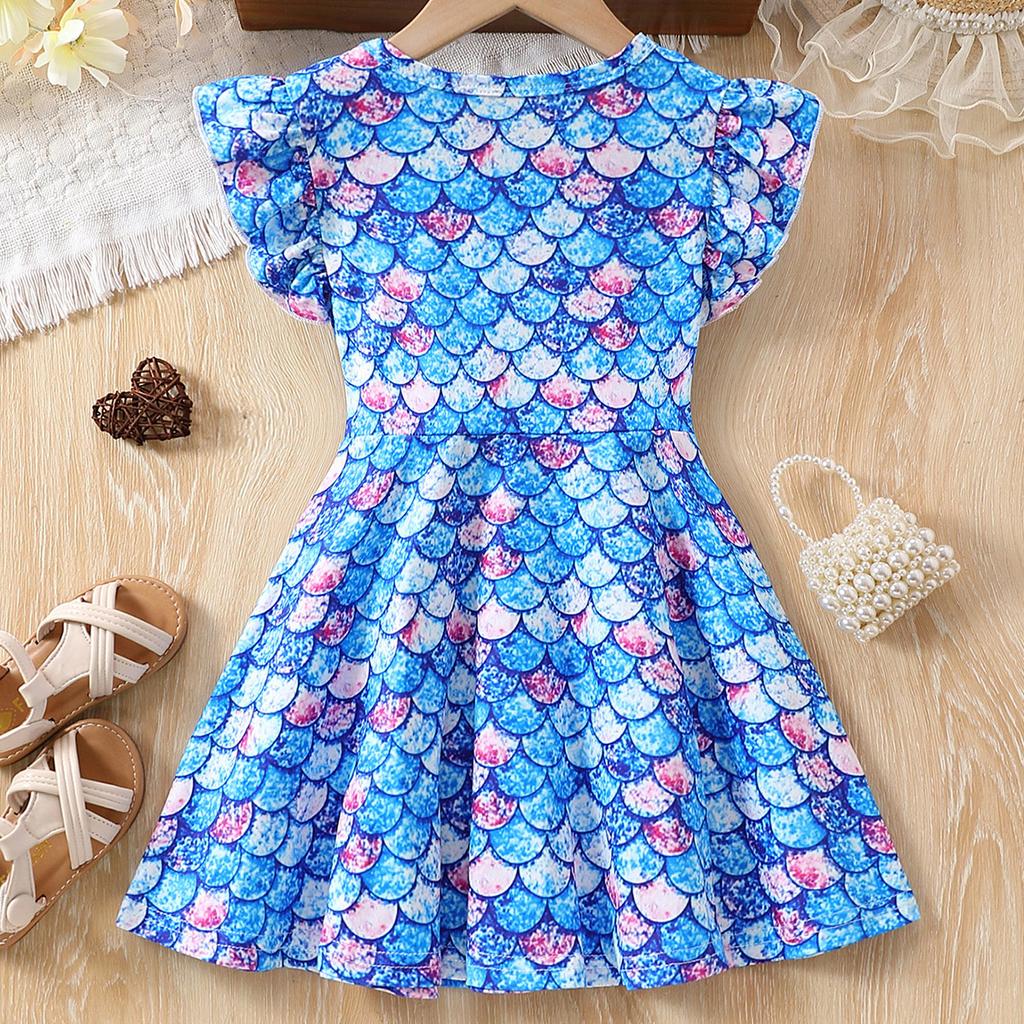 Dress For Kids 1-8 Years Old Girls Birthday Fashion Ruffled Sleeve Mermaid Print Cute Princess Dresses