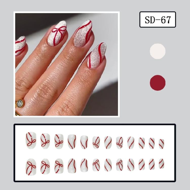 Christmas Inspired Press On Nail White Oval Design Red Accents 24pcs Professional Manicures