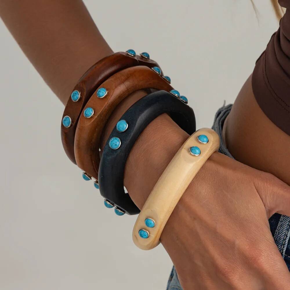 SHIXIN Vintage Punk Stackable Wood Bangles Ethnic Multilayer Geometric Chunky Round Wide Bangle Women Stackable Bracelet Jewelry