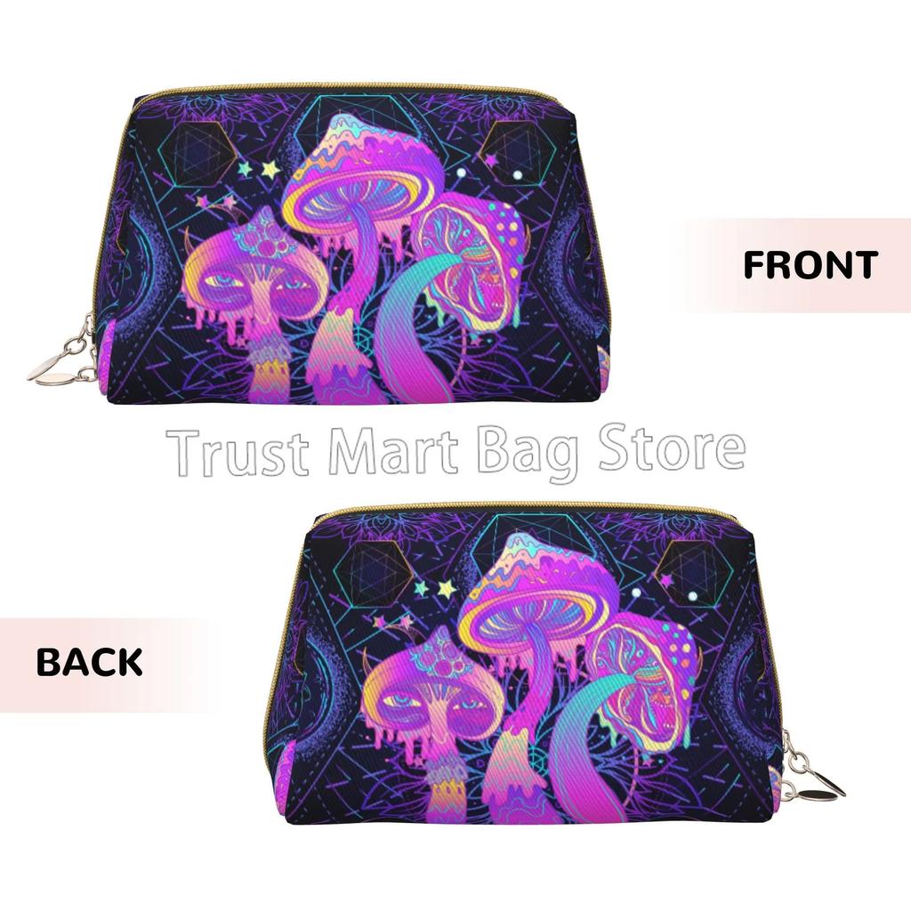 Leather Makeup Bag Colorful Mushrooms Cosmetic Bags Portable Travel Toiletry Bag Zipper Storage Bags for Women Friend Wife Gifts