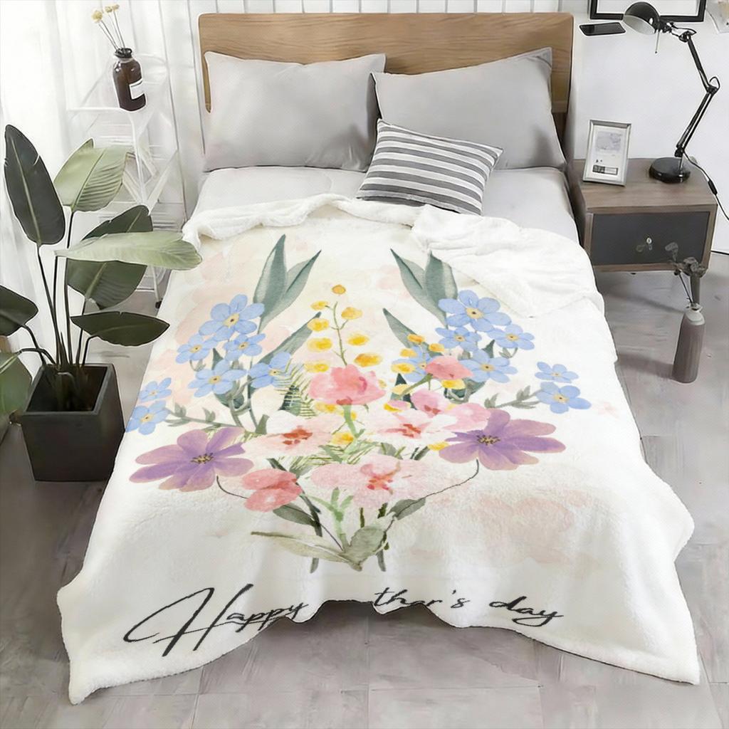 Watercolor Floral Heart Bouquet Throw Blanket, Happy Mother's Day Gift for Mom, Soft Flannel Present for Mother from Daughter