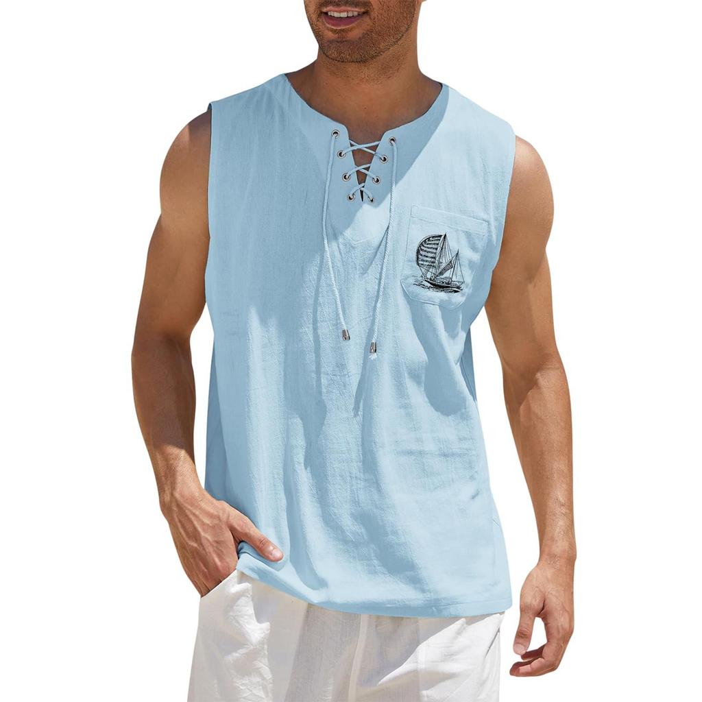 Men's Hawaiian Print Tank Top - Loose Fit Sleeveless Vest with Adjustable Tie for Casual Sports