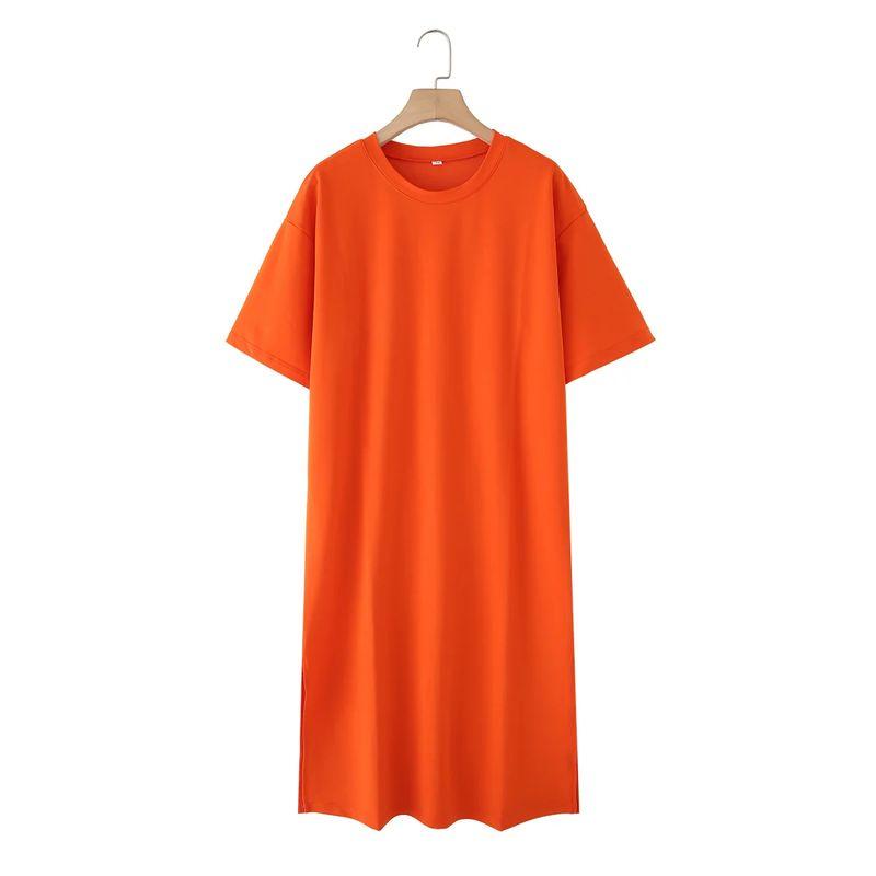 Summer New Product Women's Clothes Round Neck Short Sleeve Slit Design Cotton Long A- Line T-shirt Dress 4174465