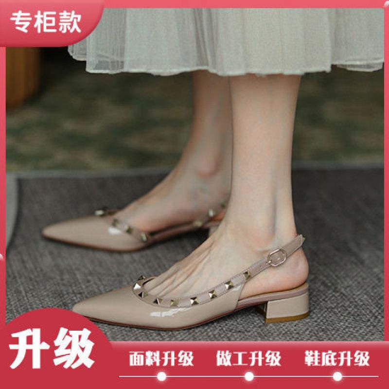 Summer New Rivets with Buckles, Middle Heel, Spring Bag Head, Pointed Head, Thick Heel, Willow Shoes, Cool Slippers for Women