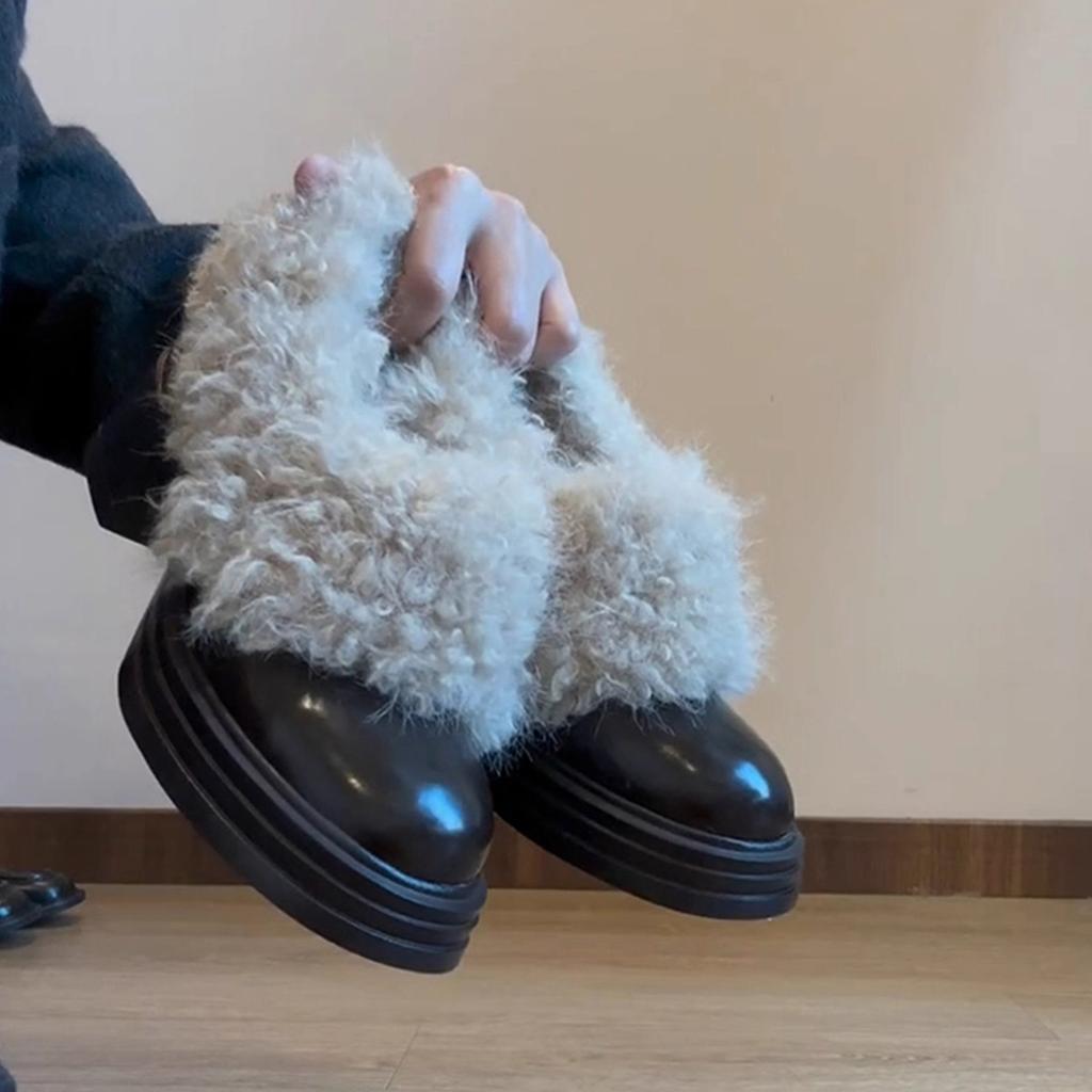 Lederversion~ Wasserdichte Tisch-High Heels Retro flauschige Schuhe Damen Dicksohlige Ein-Pedal Samt Warme Baumwollstiefel Kleine Lederschuhe