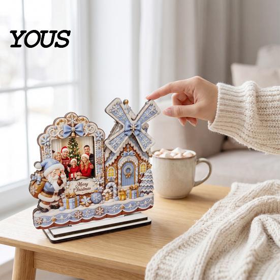 Christmas Photo Frame 2D Gingerbread House Wooden Frame, Spinning Windmill Picture Xmas Cottage Ornament Desktop Holder for Home Fireplace Table Decor