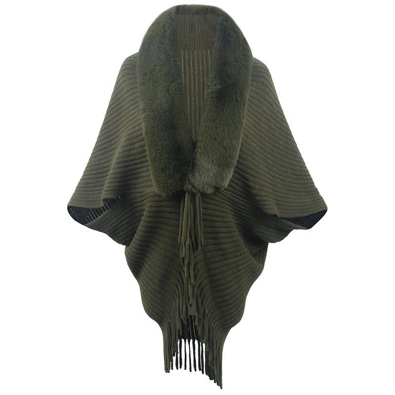 Poncho Châle Cape en Tricot avec Col en Fourrure et Franges pour Femme Vêtement d'Extérieur Chaud
