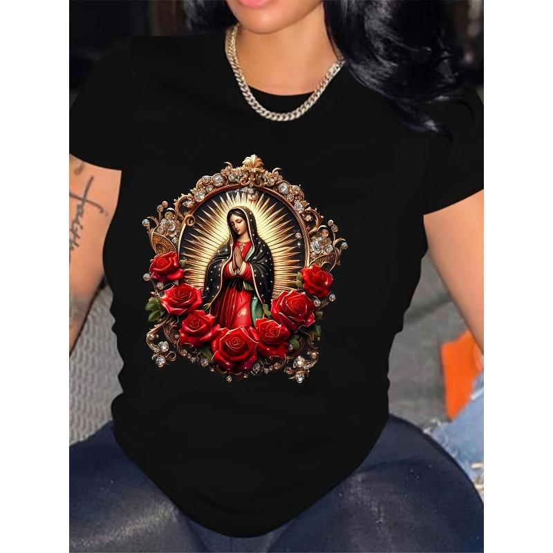 

European sizes Women s Virgin Mary & Red Rose Print T-Shirt - Short Sleeve Round Neck Casual Top with Religious Iconography Gift 4XL