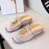 French Satin Bow With One Strap With Shallow Mouth Half-Tugging Women's Hollow Inner Heightened Round-Head Sandals Comfortable