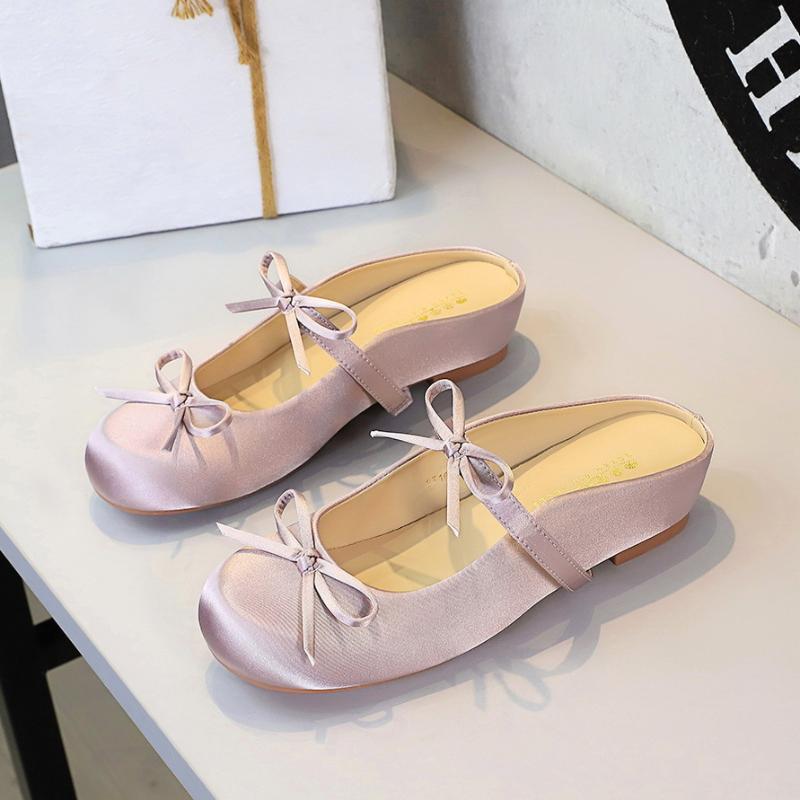 French Satin Bow With One Strap With Shallow Mouth Half-Tugging Women's Hollow Inner Heightened Round-Head Sandals Comfortable