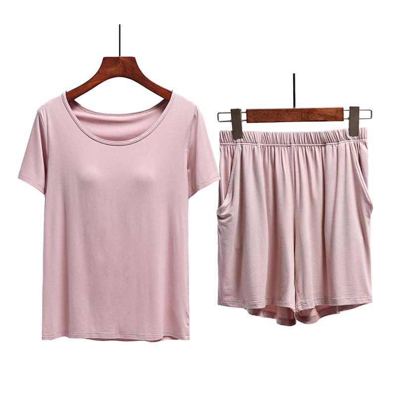 Women's Modal Chest Pad Short Sleeve Pajama Set - Summer Five-Point Shorts