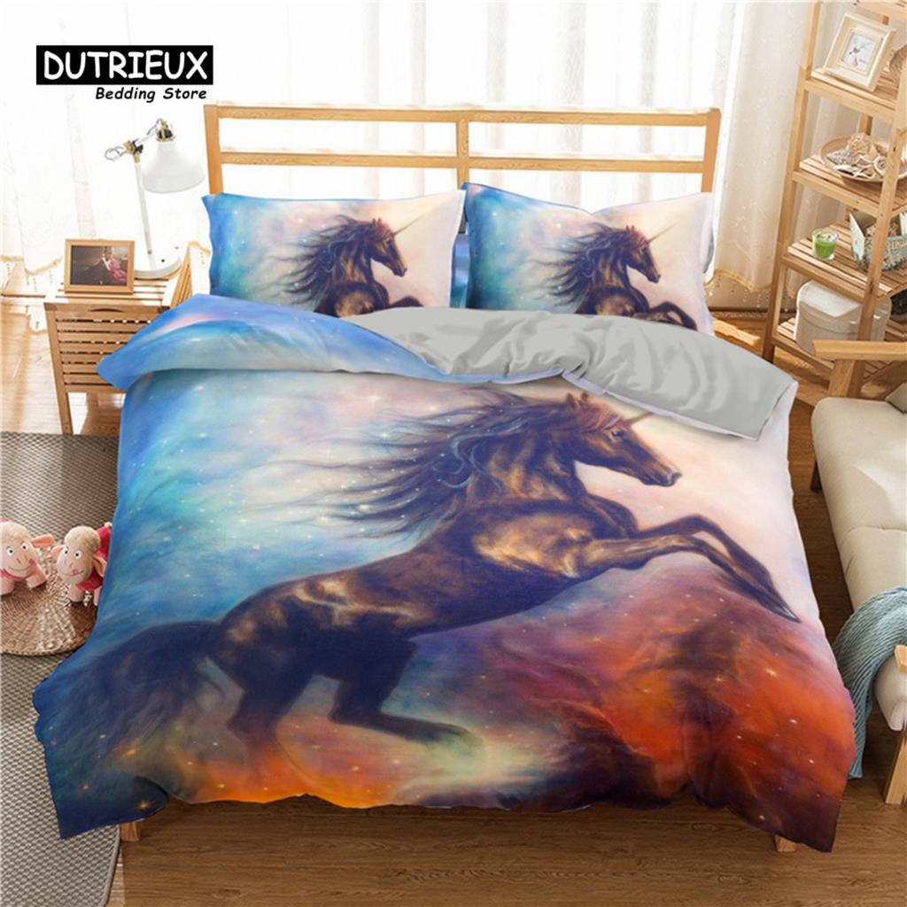 Bettbezug mit weißem Drachenpferd, 3D-Einhorn-Bettwäscheset für Teenager und Kinder, Mikrofaser, Western-Cowboy-Bettbezug mit Kissenbezügen
