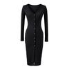 Women's Slim-Fit Brushed V-Neck Long-Sleeved Dress with Waist-Cinching, Mid-Length Skirt.