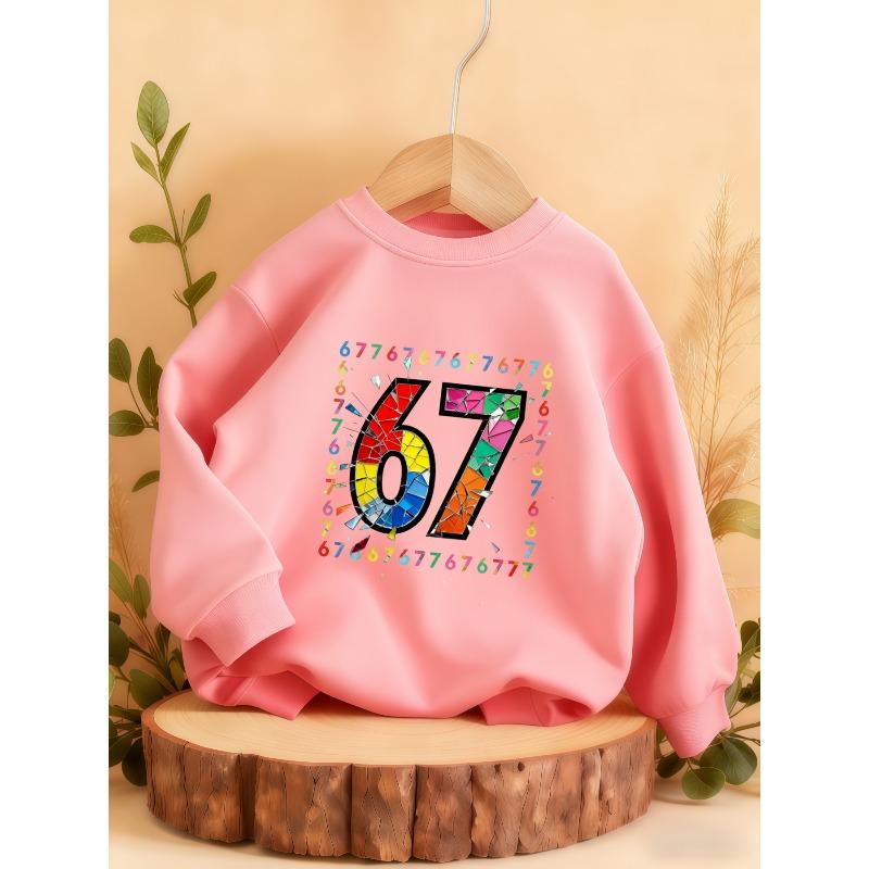 Kids Unisex Crewneck Sweatshirt, Color Broken Glass Mosaic 67 Number Frame Print Long Sleeve Pullover, Soft Sweatshirt for Boys Girls Over 4 Years Old