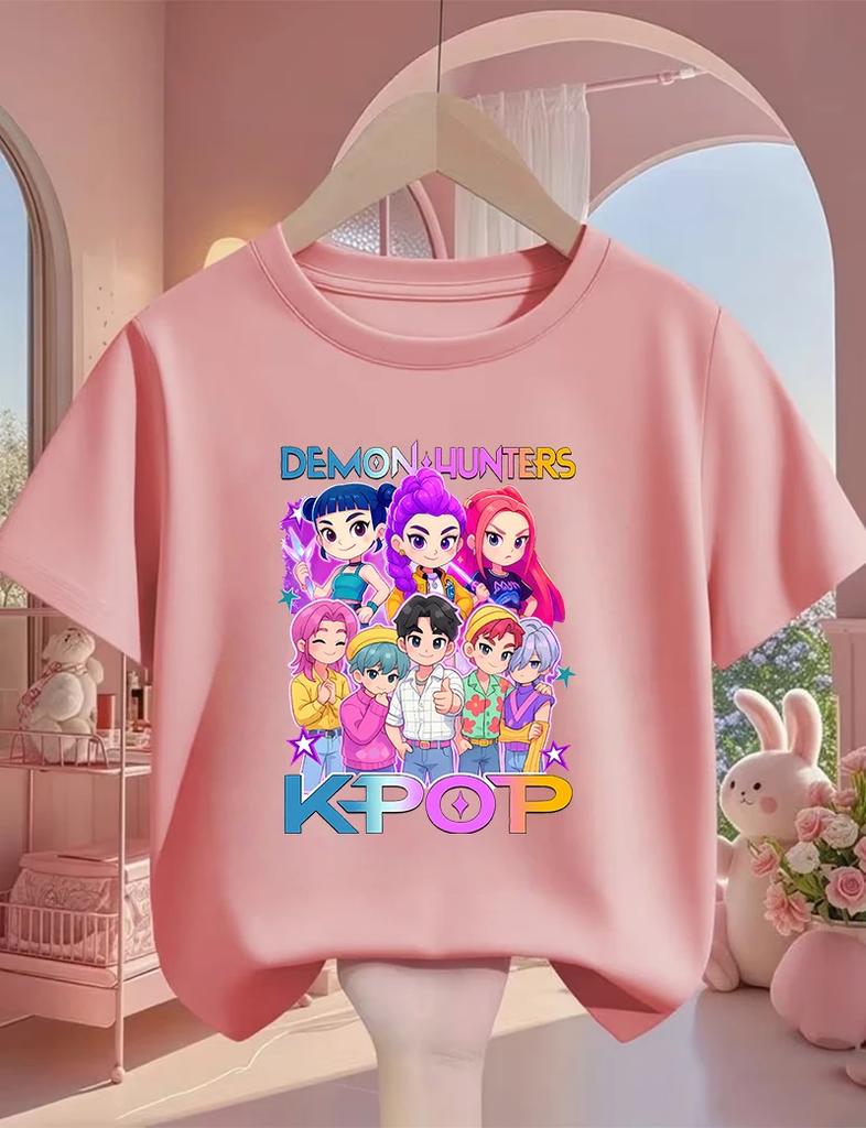 Daily Essential Casual Kpop Demon Hunters Kids T Shirt Popular Cartoon Design Short Sleeve Round Neck Boys Girls Outdoor