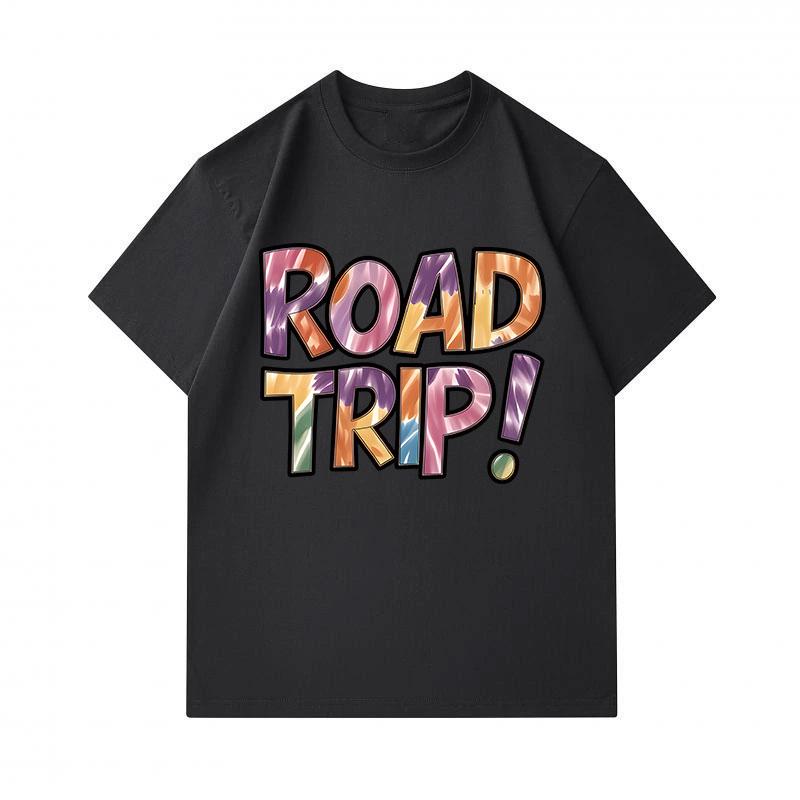 Men's 100% Cotton Crew Neck Short Sleeve T-Shirt, Fun Road Trip! Slogan Print Casual Summer Tee, Comfortable Breathable Daily Wear Top for Travel Holi