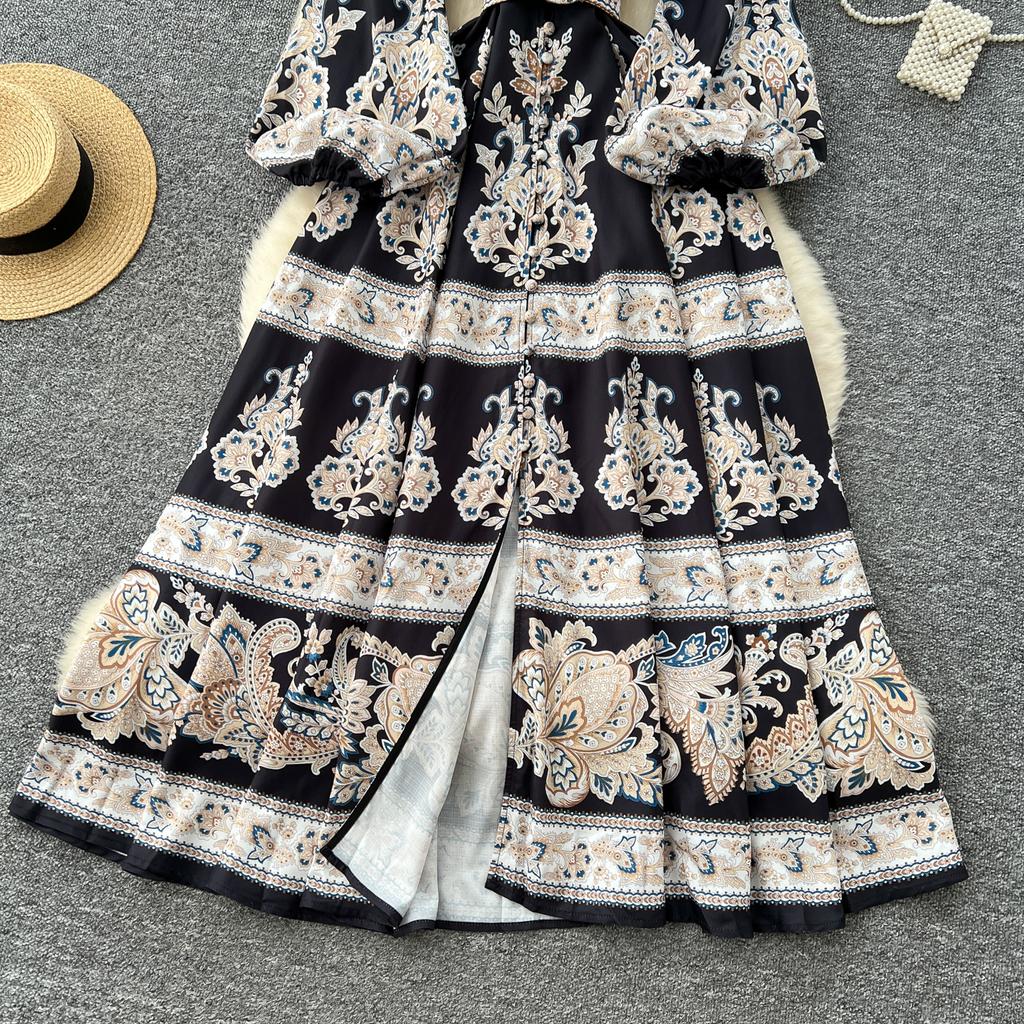 Frühling Herbst Frauen Große Größe Vintage Print Einreiher Lange Maxi Urlaub Party Kleider mit Gürtel