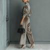 Women's Light Brown Velvet High Neck Top and Wide Leg Pants Set