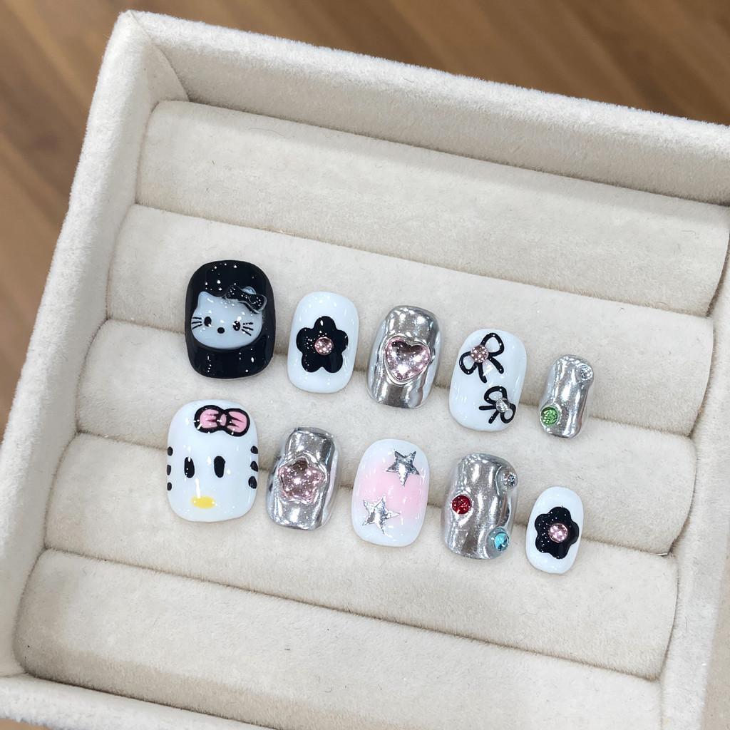 

Искусственные ногти ручной работы, милые девчачьи ногти Hello Kitty ins Star, короткие круглые ногти для фототерапии, накладные ногти, многоразовые и съемные ногти