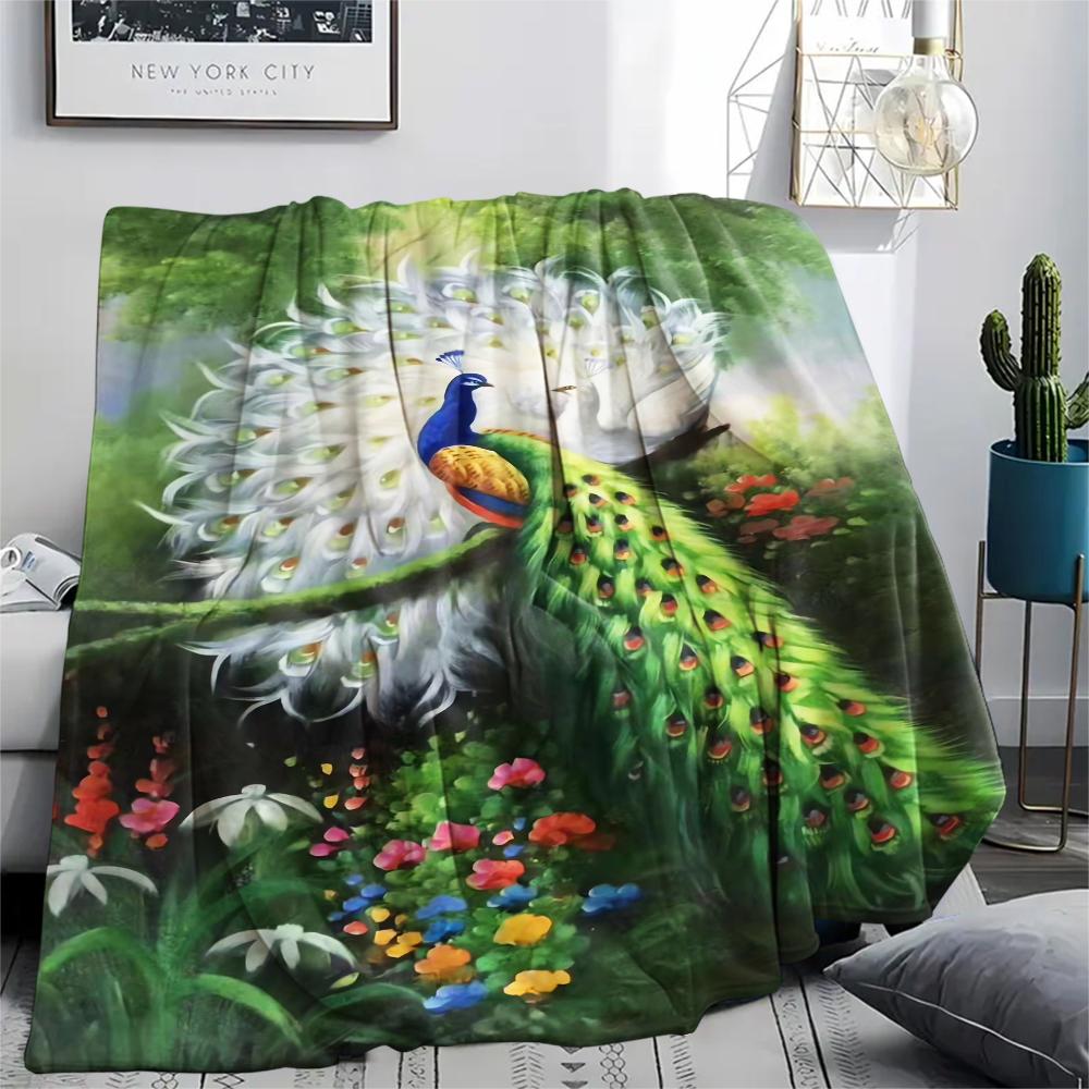 1Pc Peacock Oil Painting Print Flannel Blanket, High Quality Comfortable for All Seasons, Home Decor, Warmth and Comfort, Perfect for Christmas Gifts