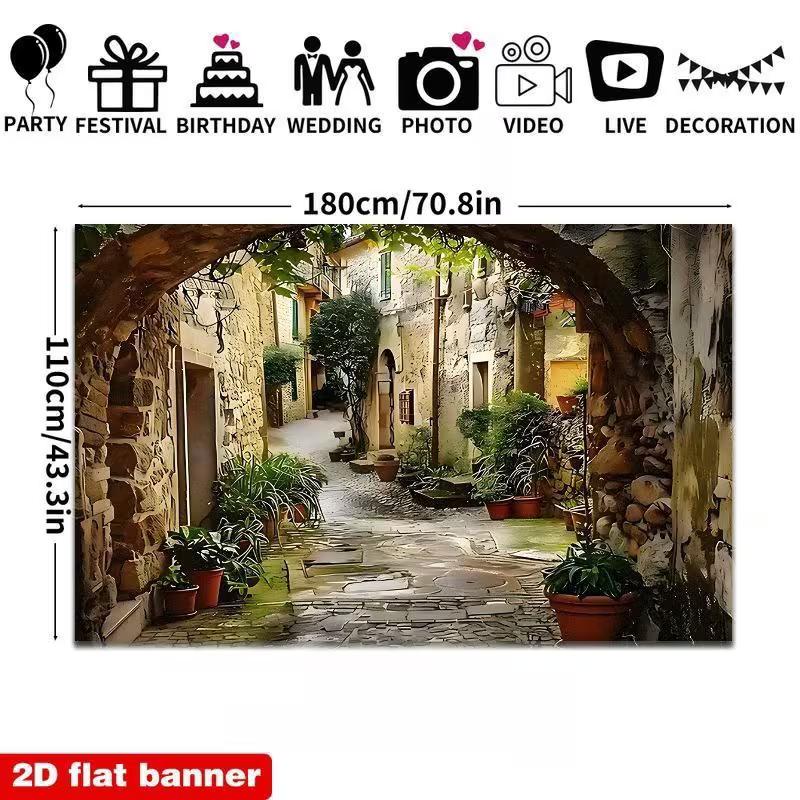 2D European Old Town Street Backdrop, Tuscan Alley Photography Background for Travel Themed Party