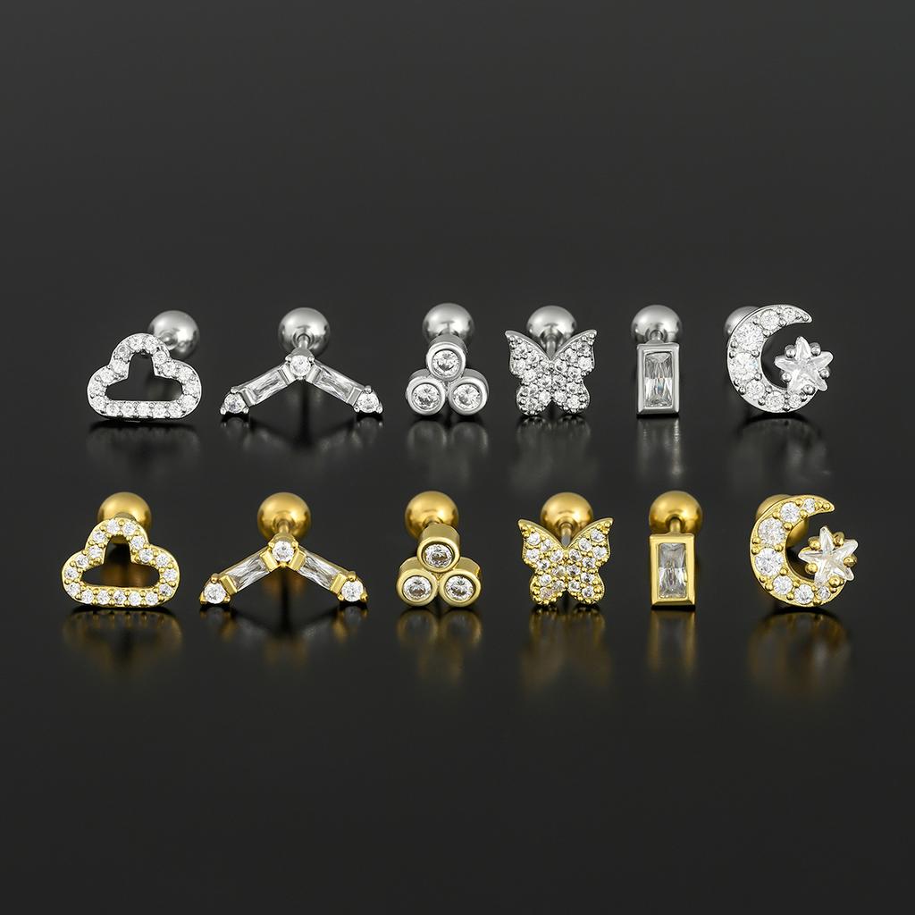 New Stainless Steel Zircon Cloud Moon Stud Earrings For Women Helix Tragus Cartilage Star Butterfly Earring Piercing Jewelry 1pc
