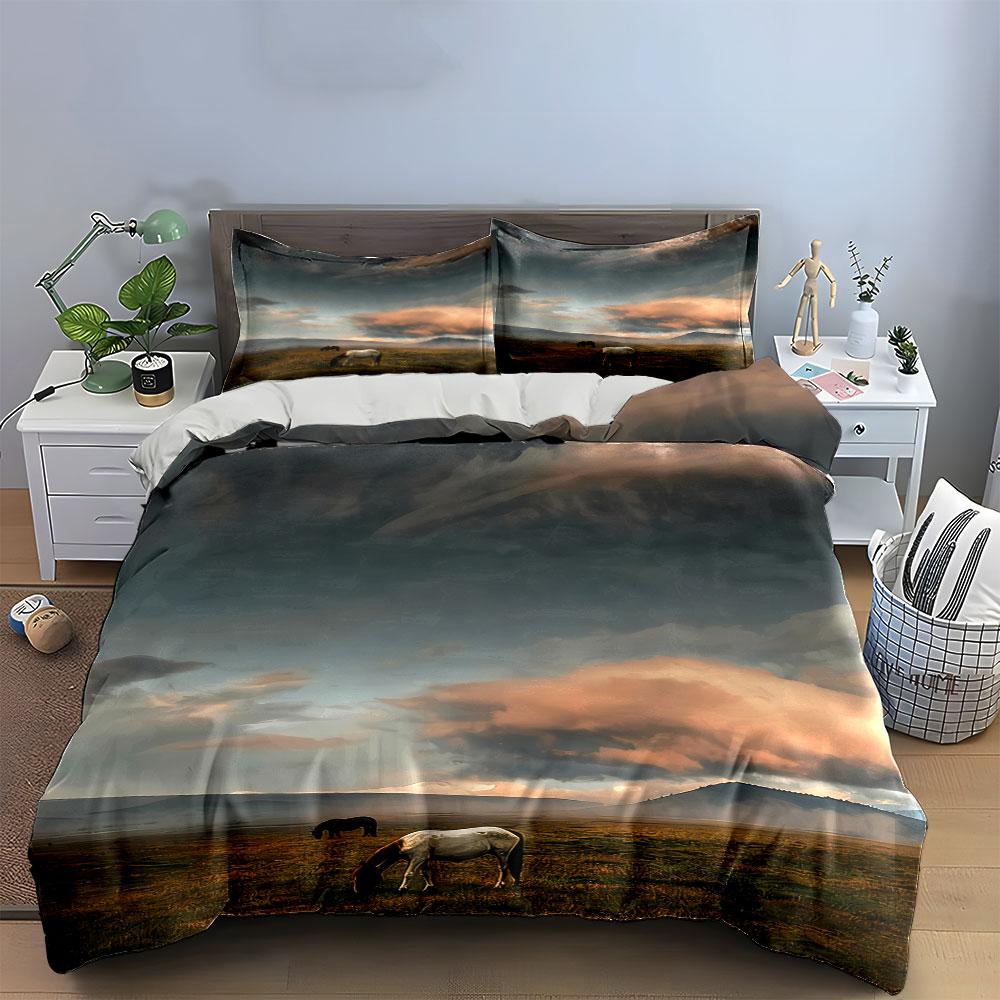 Horse Pasture Scenic Art Print 3Pc,Soft Comfortable Duvet Cover Bedding Set Included 1*Duvet Cover & 2*Pillowcases, Gift