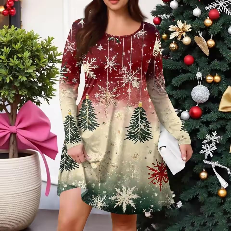 Christmas Tree 3D Print Dresses For Women Winter Fashion Tie Dye Gradient Long Sleeve Dress Casual O-Neck Ladies Mini Dress