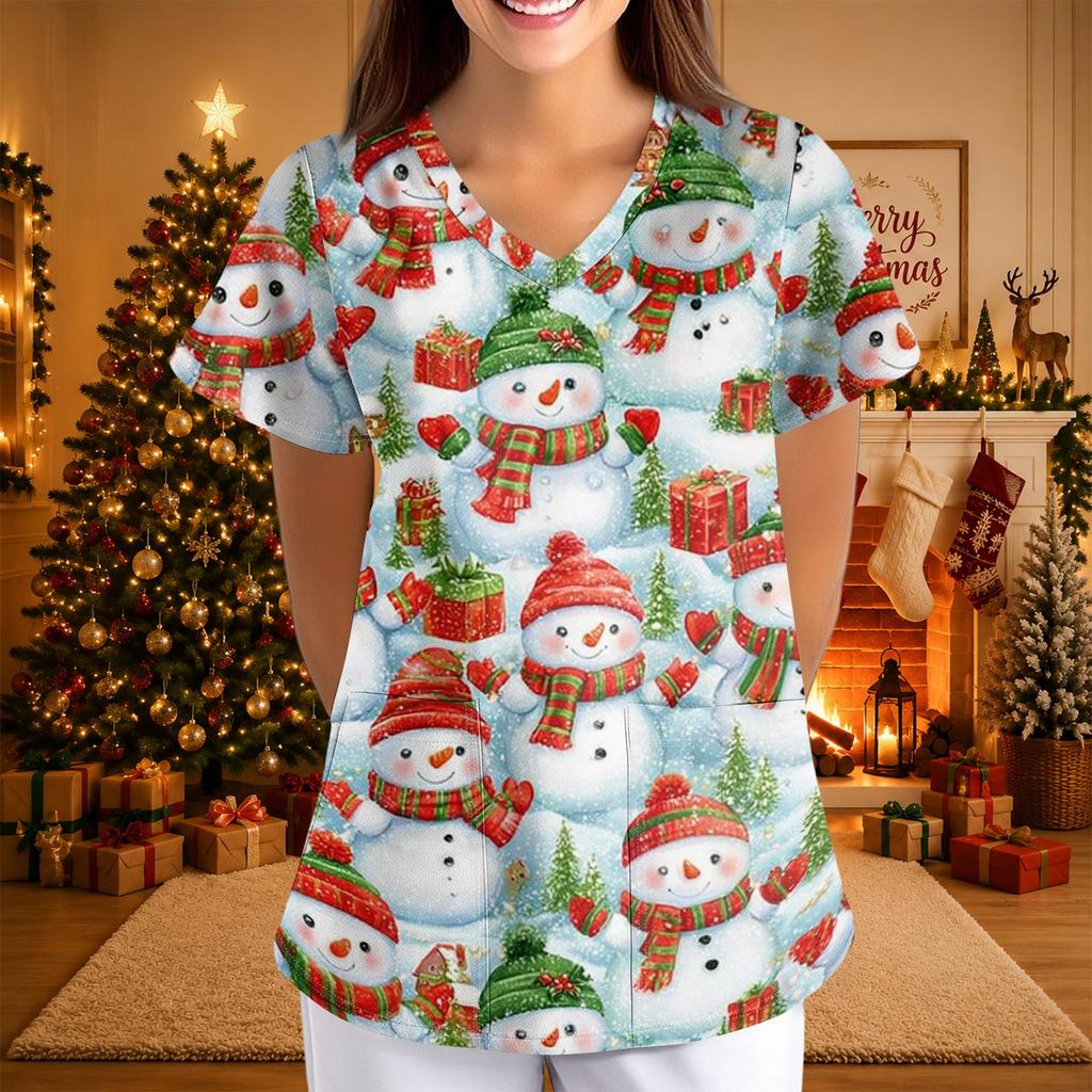 Women's Casual 3/4 Sleeve Neck Top with Christmas Print