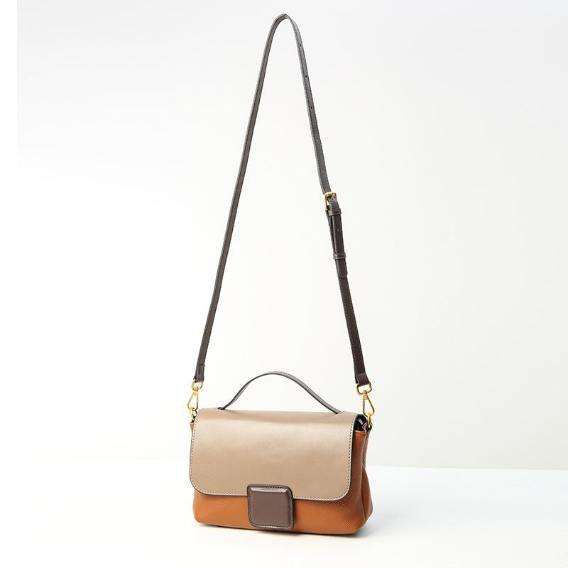New Top Layer Cowhide Women's Bag, Fashionable and Versatile Handbag, Single Shoulder Crossbody, Contrasting Color Small Square Bag