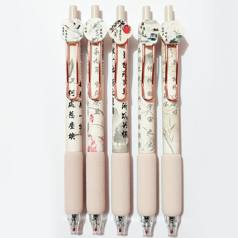5Pcs Chinese Style Soft Grip Press Type Gel Pen 0.5 Black Ink Neutral Pen Lovely Signature Pen Writing Tool Student Supplies