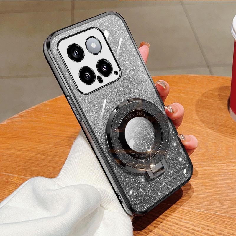 Magnetický třpytivý držák prstenu Odnímatelná třpytivá samolepka Chromované TPU pouzdro se stojánkem Pro Xiaomi Mi 14 Ultra 13 Pro Lite Civi 2