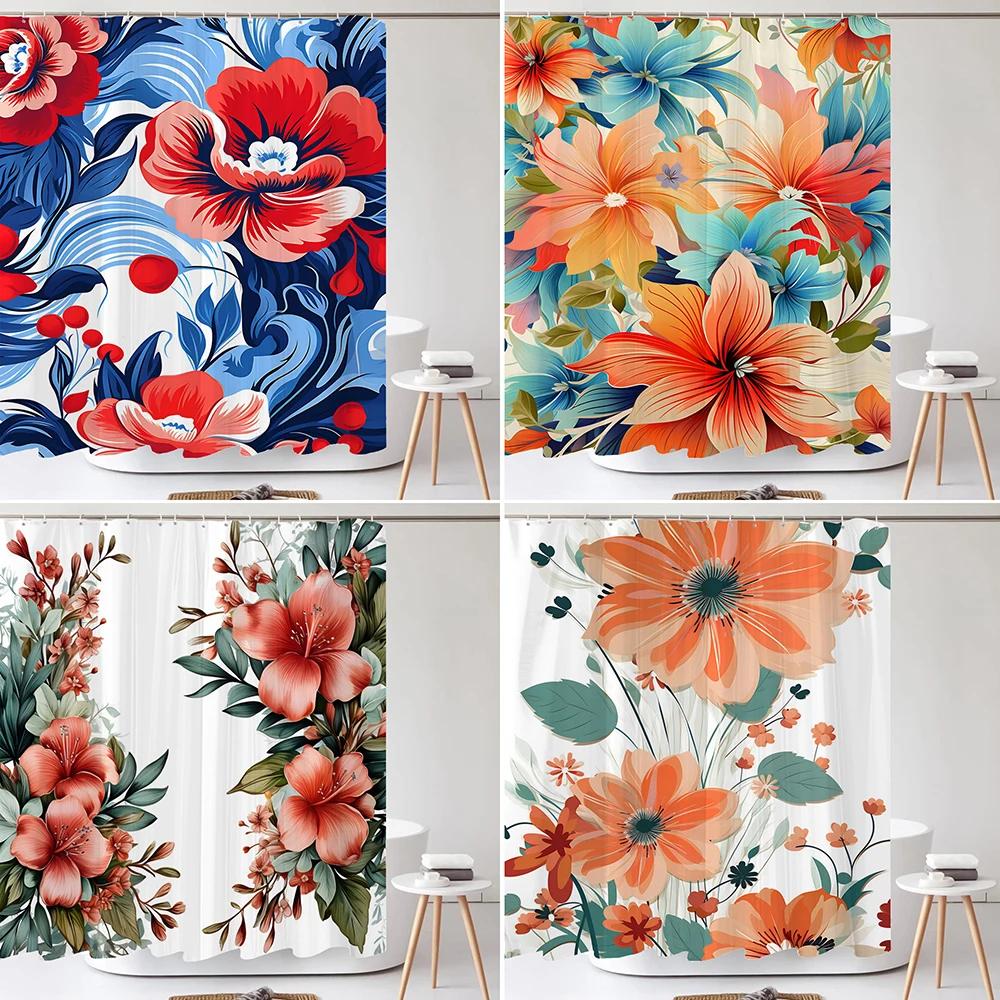 Plant Leaf Flowers Shower Curtain Printed Modern Nordic Minimalist Floral Polyster Home Decor Bathroom Curtain with Hooks