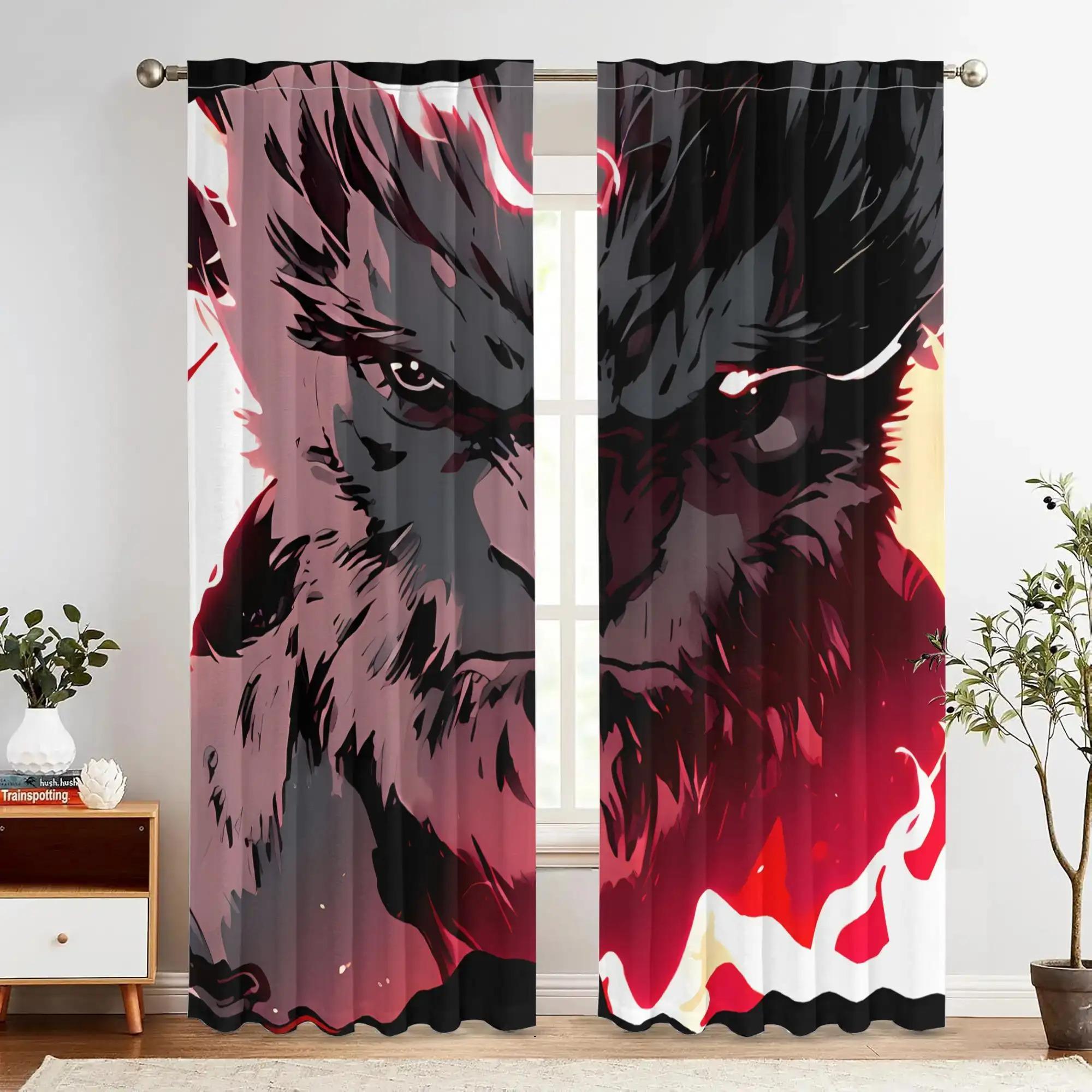 2pcs Black Monkey Design Blackout Curtains - Retro Modern Art Print with Vibrant Red & Black Contrast, Polyester Light 60×150