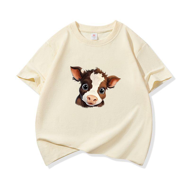 Kids Pure Cotton T Shirt Adorable Brown Baby Cow Print Crew Neck Short Sleeve Tee Casual Boys Girls Summer Tops
