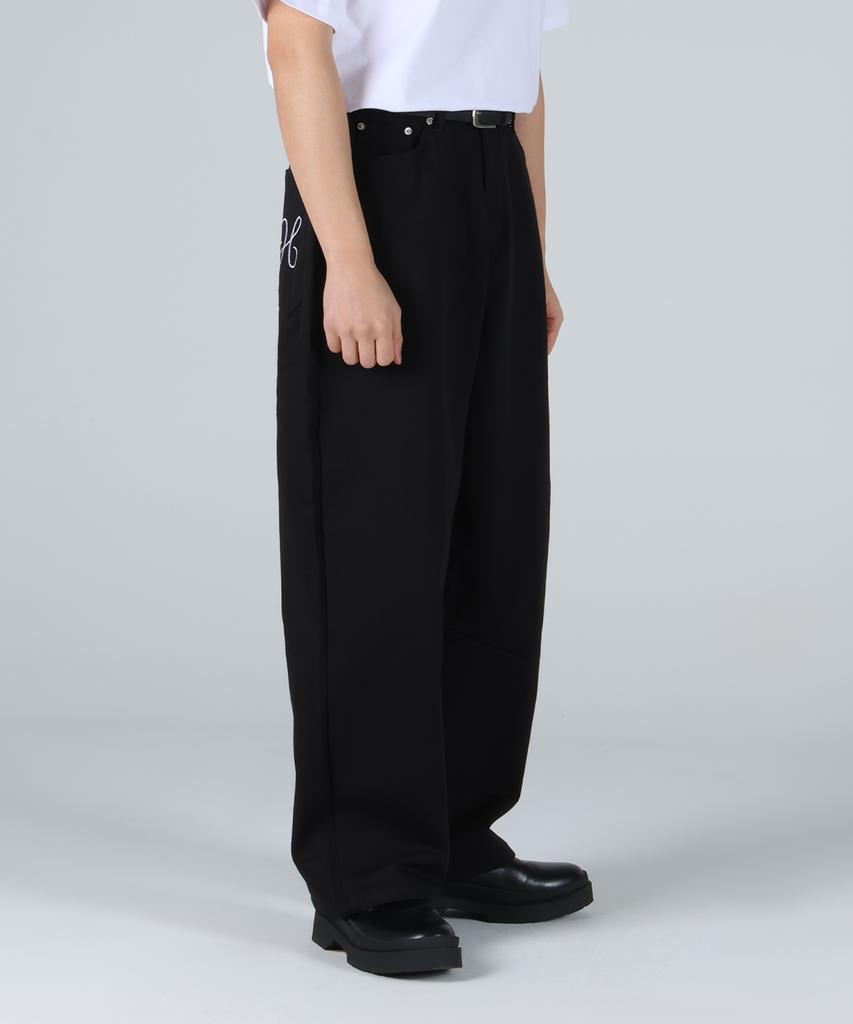 Hueo H Logo Back Pocket Curved Wide Cotton Pants_Black