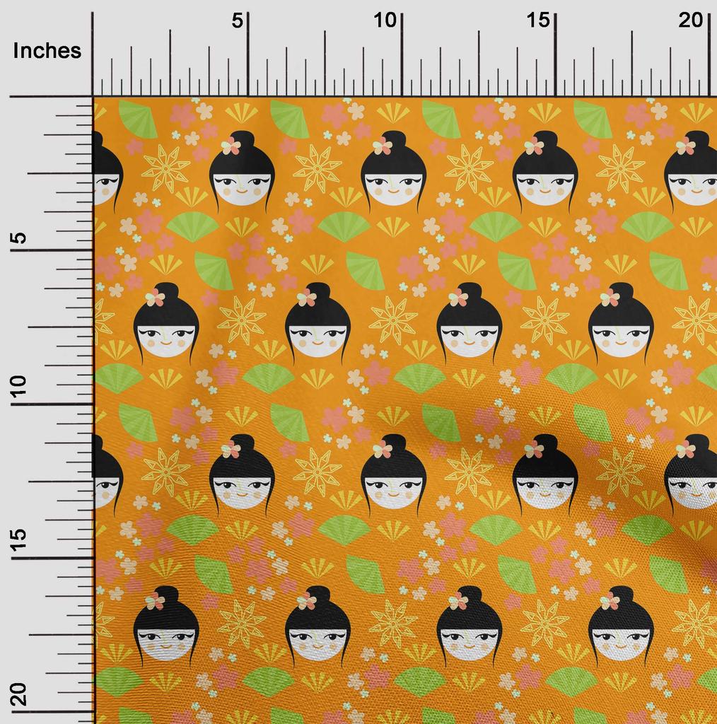 oneOone Cotton Flex Mustard Yellow Fabric Asian Japanese Fan Craft Projects Decor Fabric Printed By The Yard 40 Inch