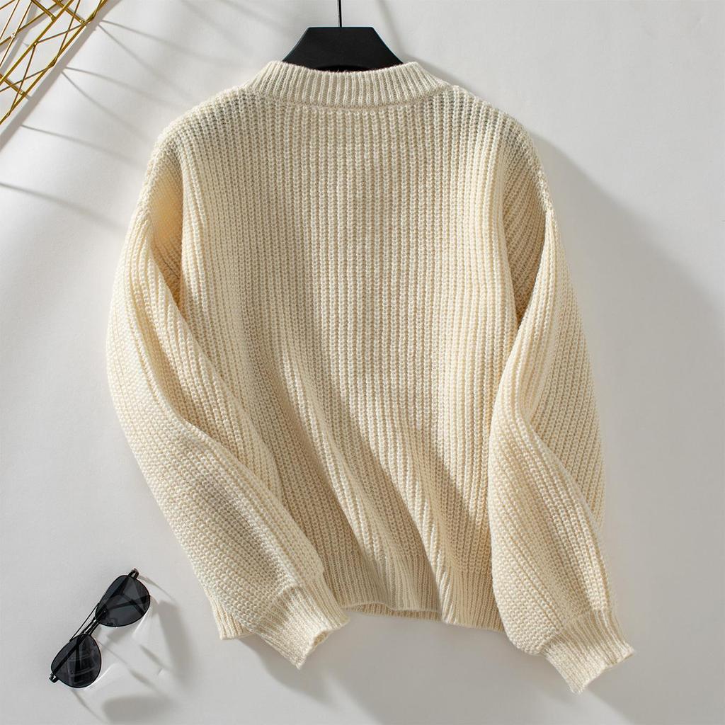 Autumn Winter Vintage Loose Long Sleeve Top Solid Color Cardigan Knitwear V-Neck Sweater