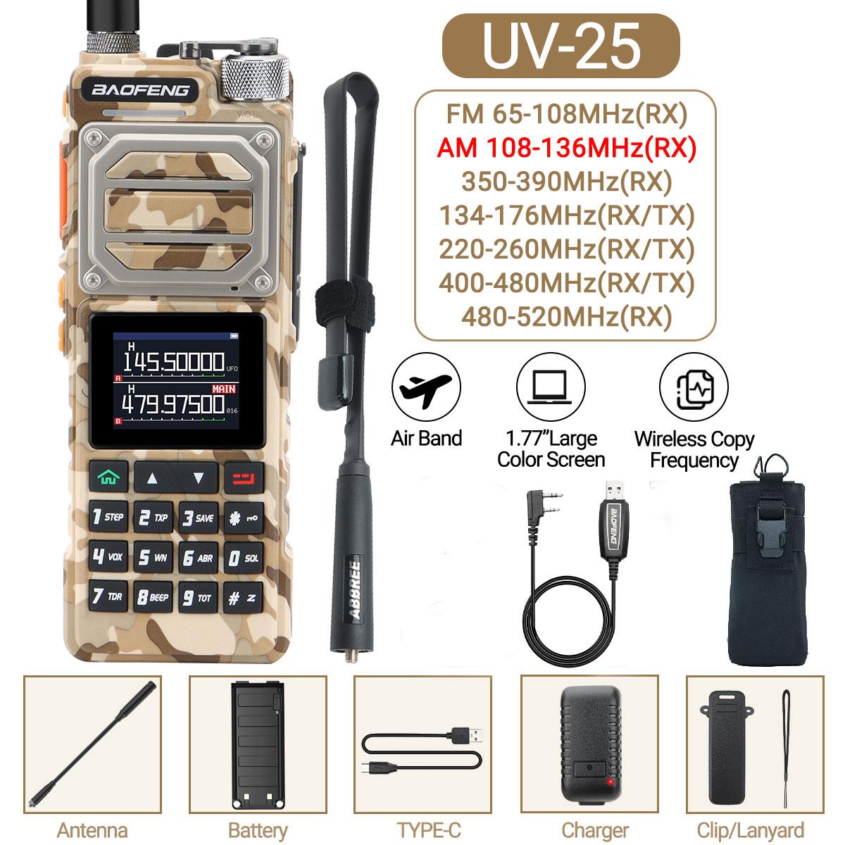 Baofeng UV-25 Walkie Talkie Luchtvaartband Lange Afstand UHF VHF AM Draadloos Frequentie Kopiëren 999 Zenders NOAA Type-C Oplader Amateur Tweerichtingsradio EURO