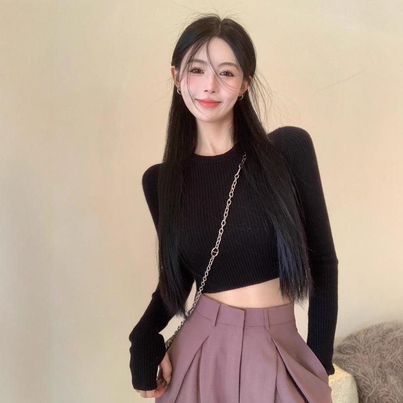 Gray Long-sleeved Knitted Sweater Women's Spring and Autumn Inner Fit Slim-fitting Short Open-button Tight Bottoming Shirt Top Tide