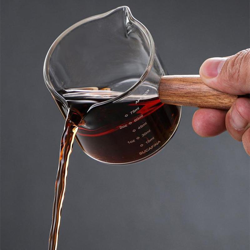 50/75/100Ml Wooden Handle Glass Espresso Measuring Cup Double/Single Mouth Milk Latte Jug Coffee Supplies Kitchen Mug Drinkware
