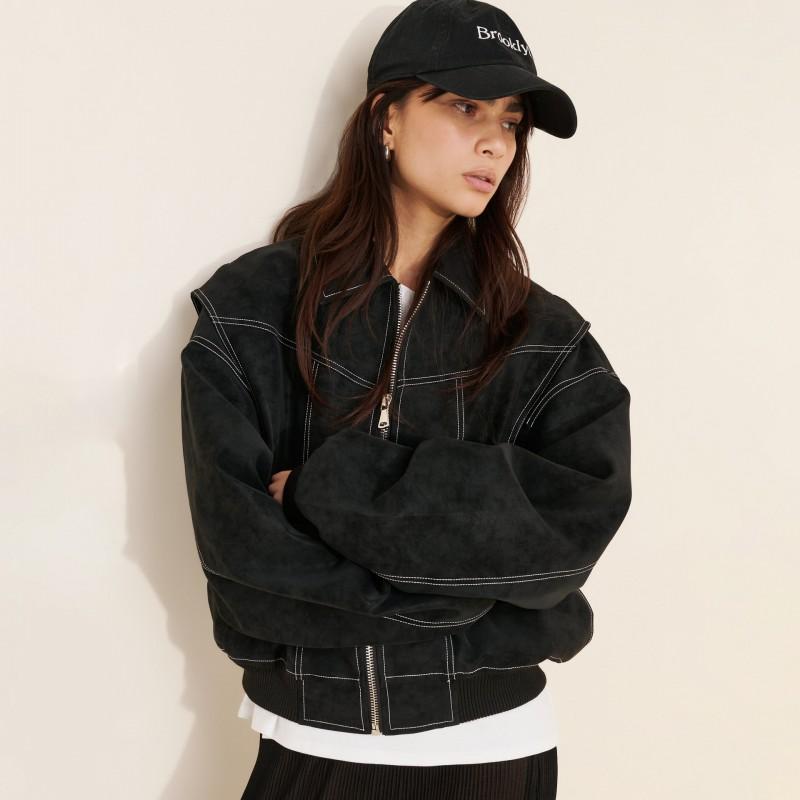 Vintage Faux Leather Jacket Loose Drop Shoulder Zip Up Streetwear Cropped Coat Women