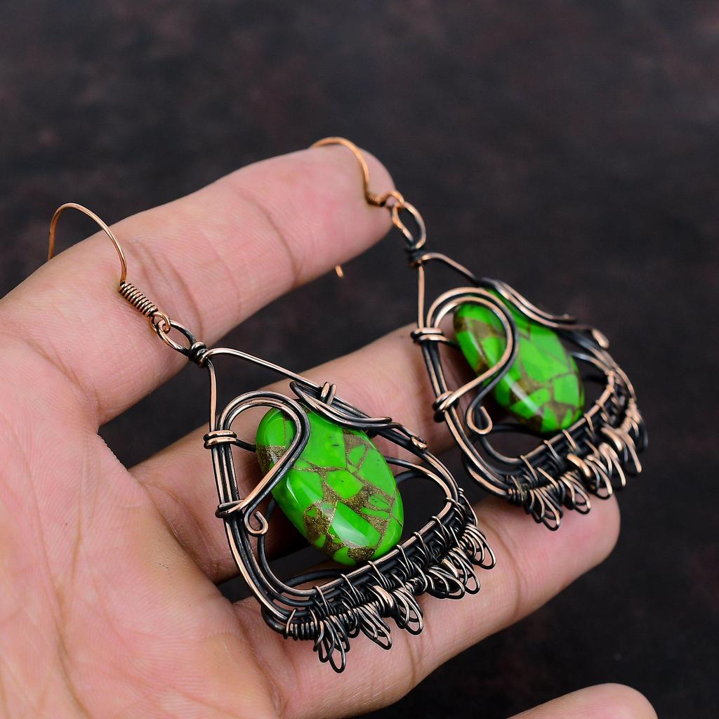 Copper Green Turquoise Earring Copper Wire Wrapped Earrings Gemstone Jewelry Handmade Latest Design Earring Gift For Her Copper Wire Jewelry