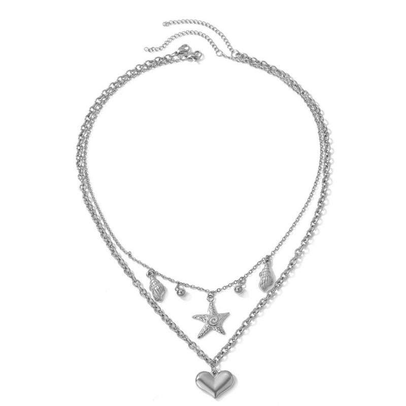 Stainless Steel Heart Conch Starfish Necklace Double Layer Necklace Collarbone Chain for Beach Vacation and Party Wear