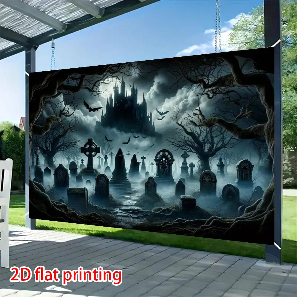 2D flat banner 1 Halloween party background banner eerie cemetery bats terrifying castle.PMJ