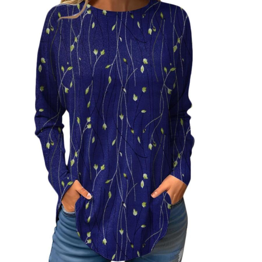 Vintage Langarm 3D bedruckte T-Shirts Blumen Rundhals Oberteil für Damenbekleidung