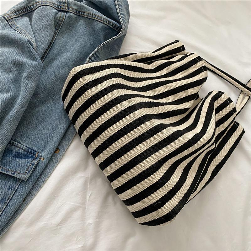 Large Capacity Striped Tote Bag Korean Retro Minimalist Nylon Shoulder Bag for Women Shopping